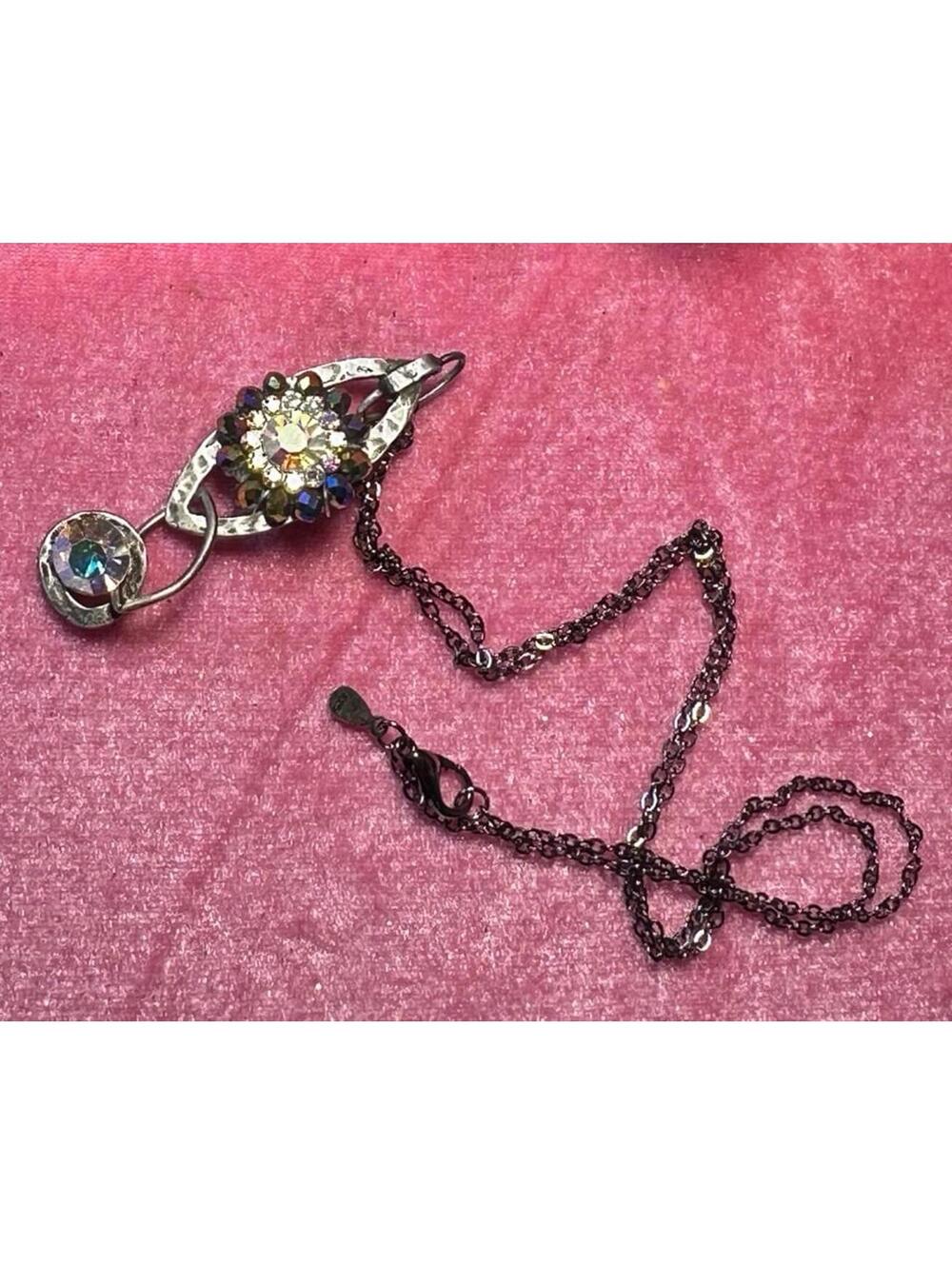 Vintage Sterling silver rhinestone Artisan necklace 20” gunmetal EUC
